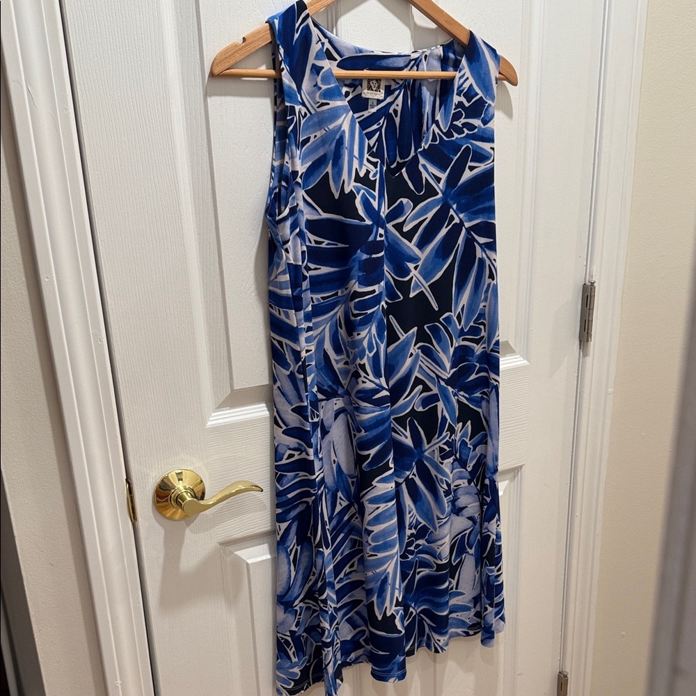 Anne Klein Navy and White Leaf Print Midi Dress